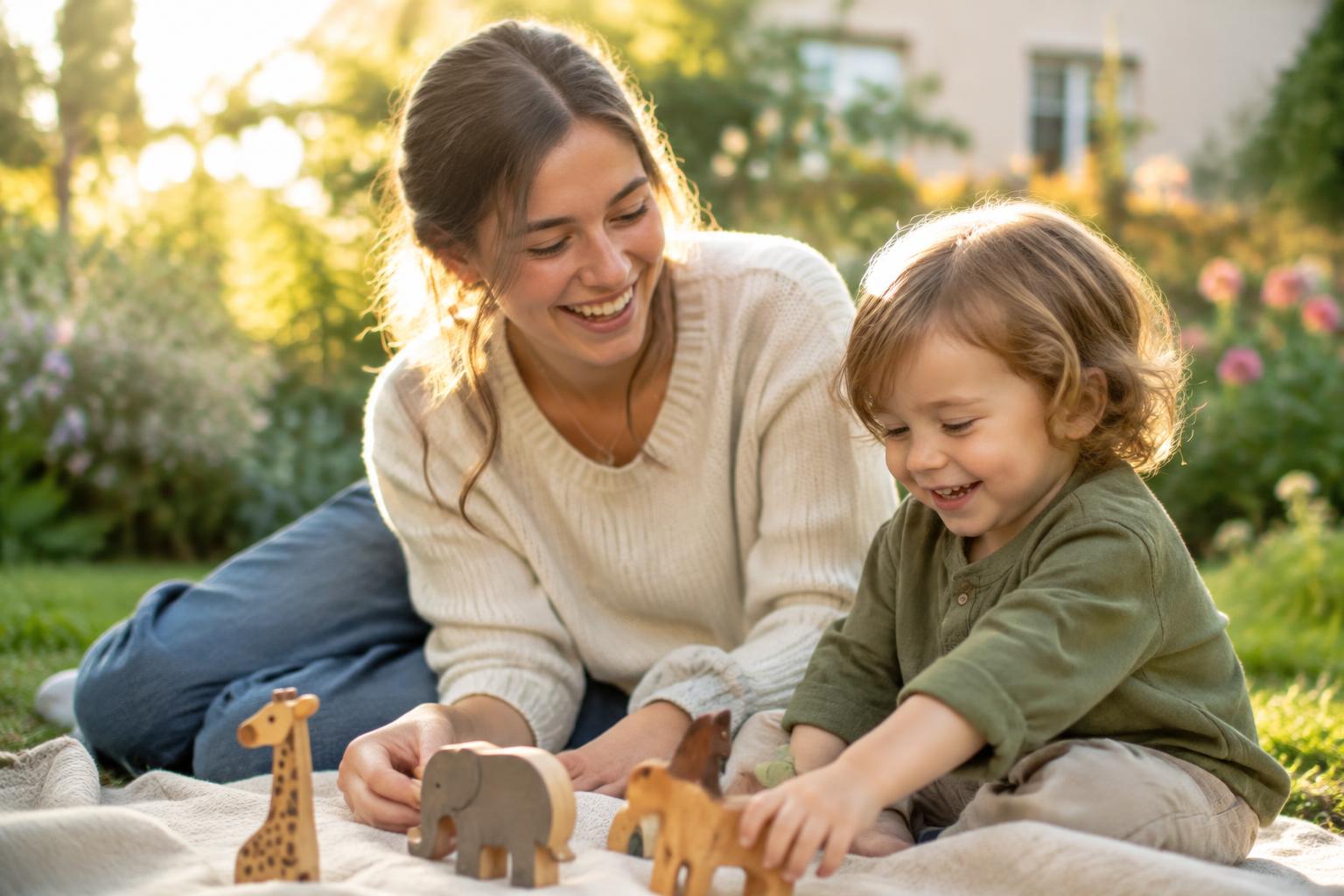 Au-pair spielt mit einem Kind mit Holzspielzeugen in einem sonnigen Garten