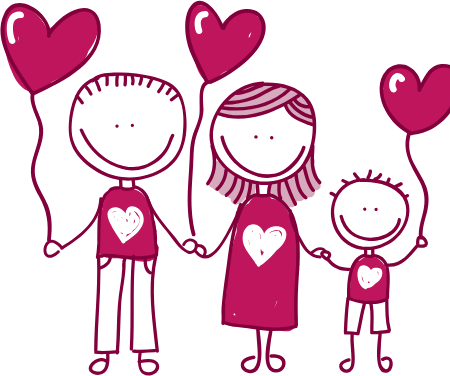 Unsere Familie – Mama, Papa und Kind – mit drei Herzluftballonen